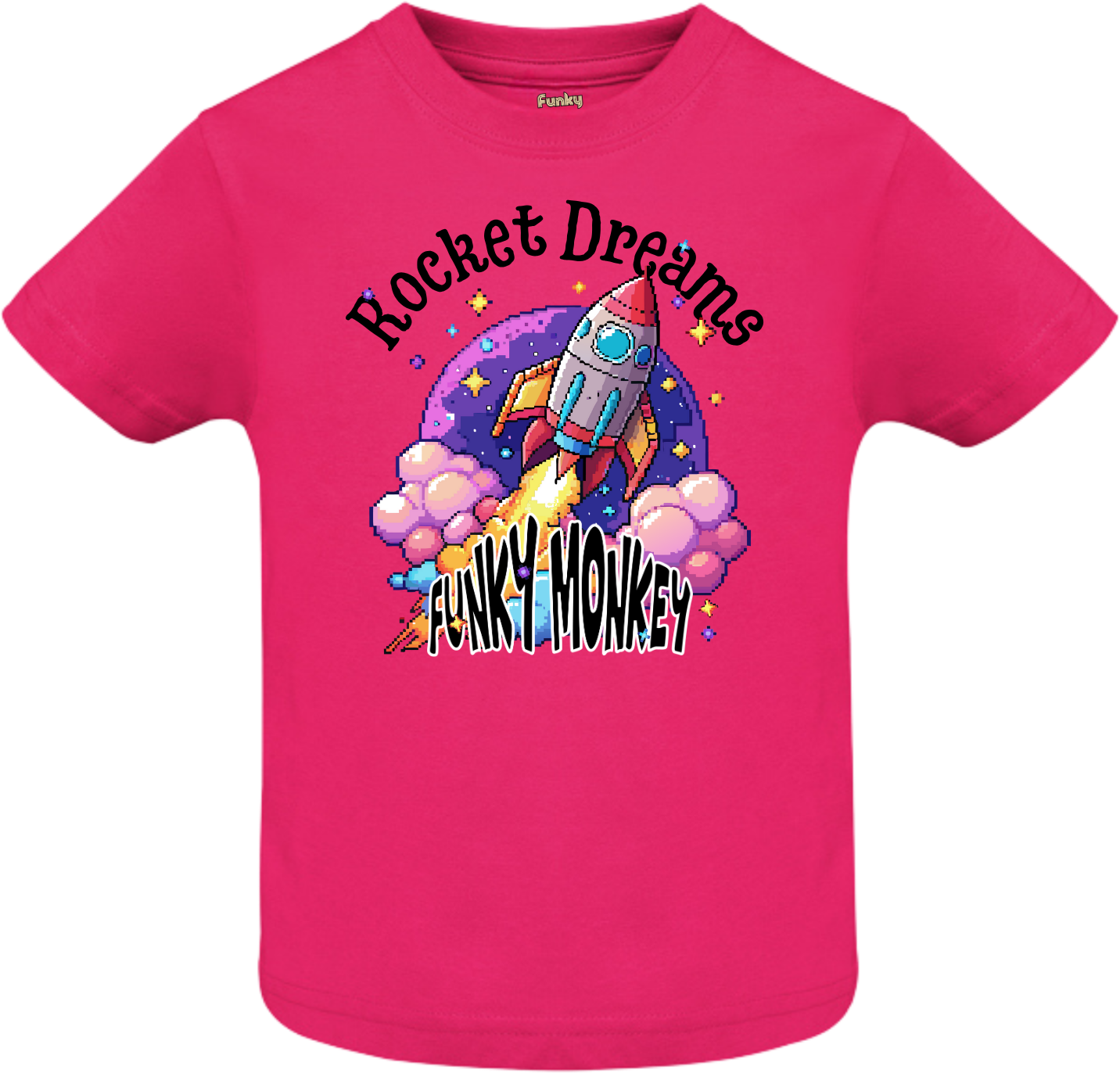 Rocket Dreams Kids T-Shirt – Fuchsia Fuchsia pink kids tee with retro pixel rocket design and Rocket Dreams Funky Monkey text