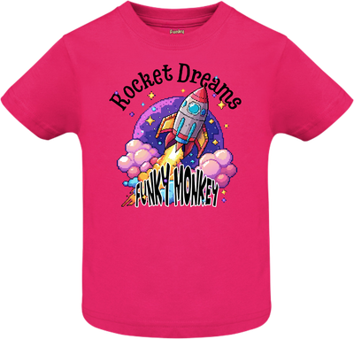 Rocket Dreams Kids T-Shirt – Fuchsia Fuchsia pink kids tee with retro pixel rocket design and Rocket Dreams Funky Monkey text