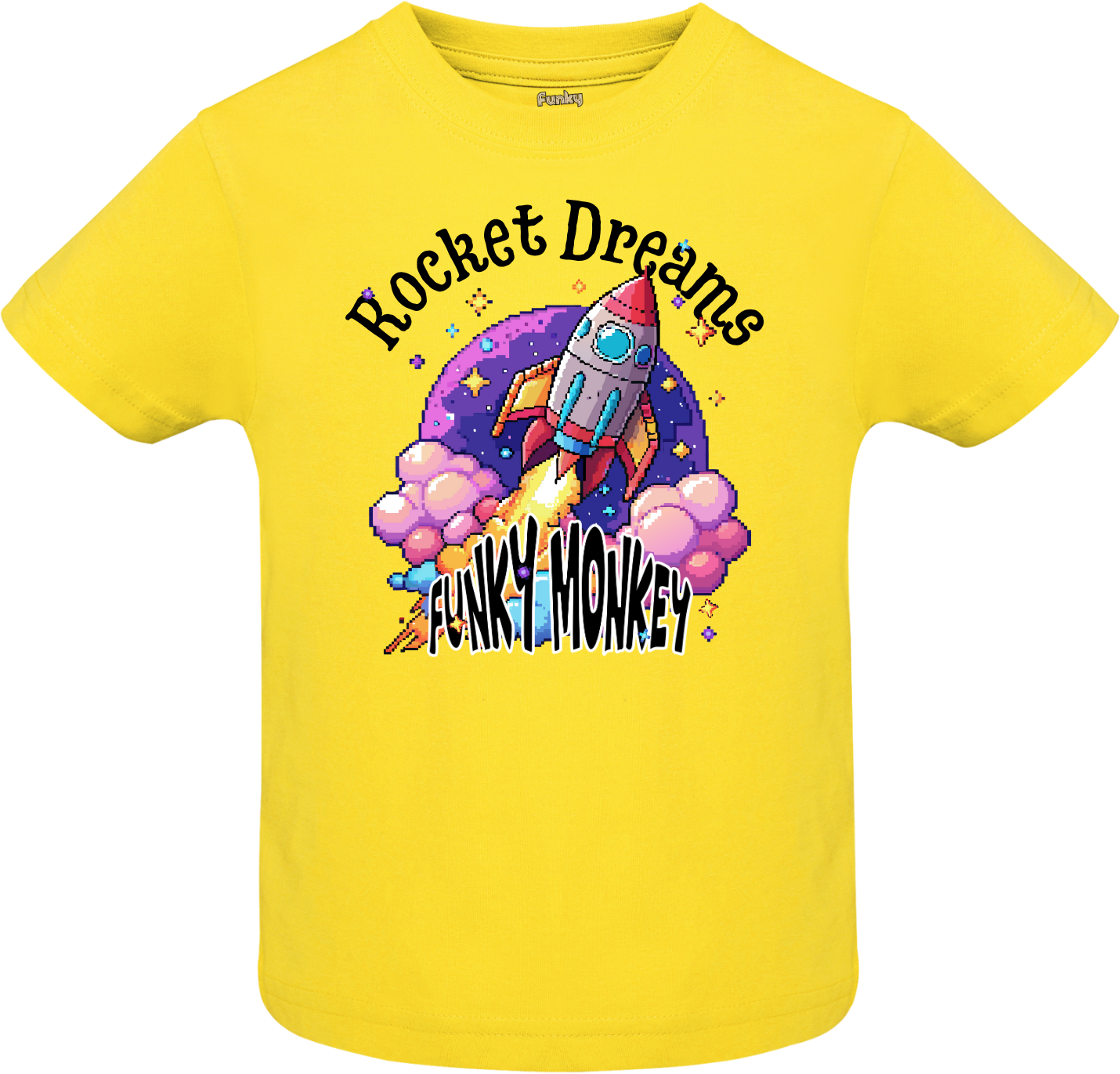 Rocket Dreams Kids T-Shirt – Yellow Yellow kids tee with retro pixel rocket design and Rocket Dreams Funky Monkey text