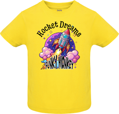 Rocket Dreams Kids T-Shirt – Yellow Yellow kids tee with retro pixel rocket design and Rocket Dreams Funky Monkey text