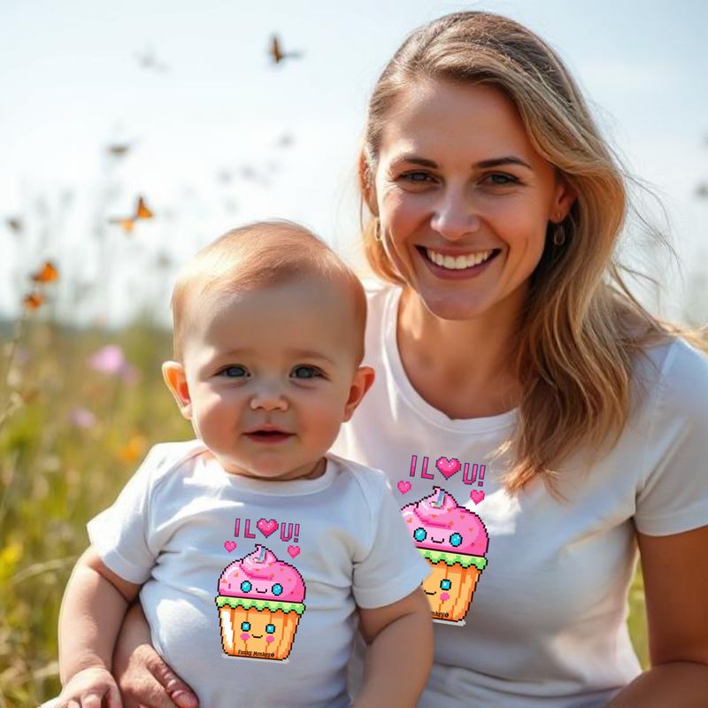 Maman et bébé en T-shirt et body blancs assortis avec cupcake rose souriant et texte ‘I love U’ – set Mini &amp; Me.