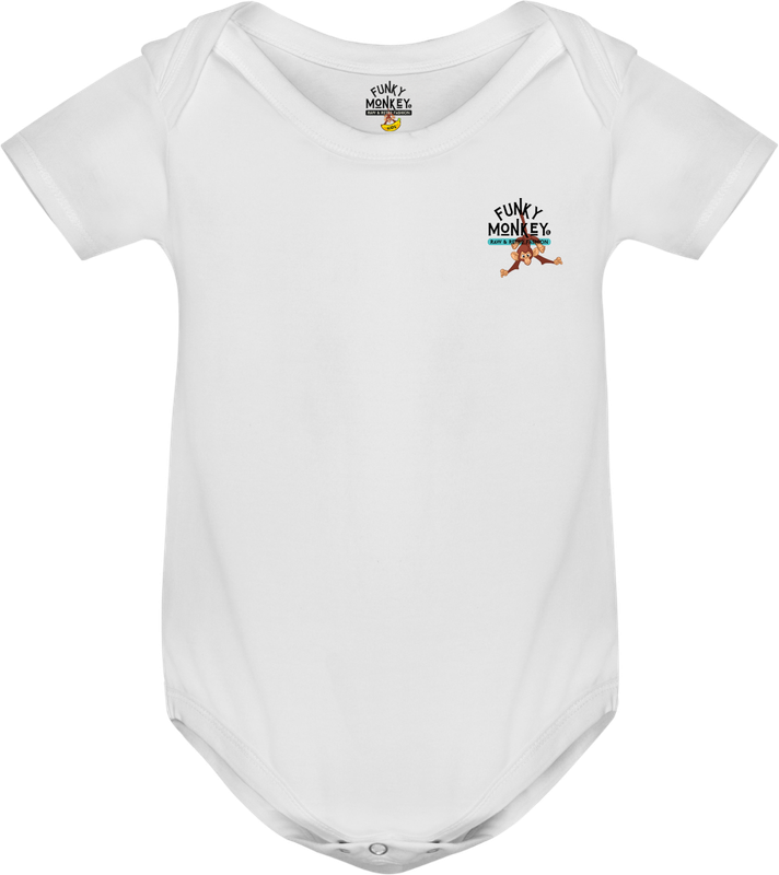 Front view of white baby romper with Funky Monkey chest logo and small playful monkey hanging, minimalist retro style