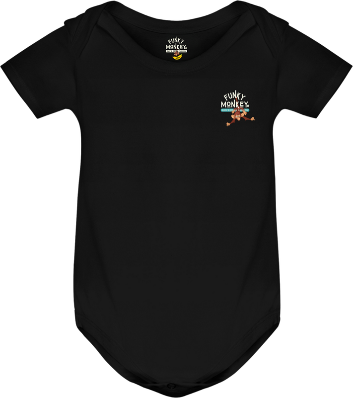 Front view of Black baby romper with Funky Monkey chest logo and small playful monkey hanging, minimalist retro style