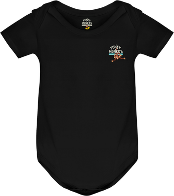 Vista frontal del body negro para bebé con el logo de pecho Funky Monkey® y un pequeño mono colgando, estilo retro minimalist