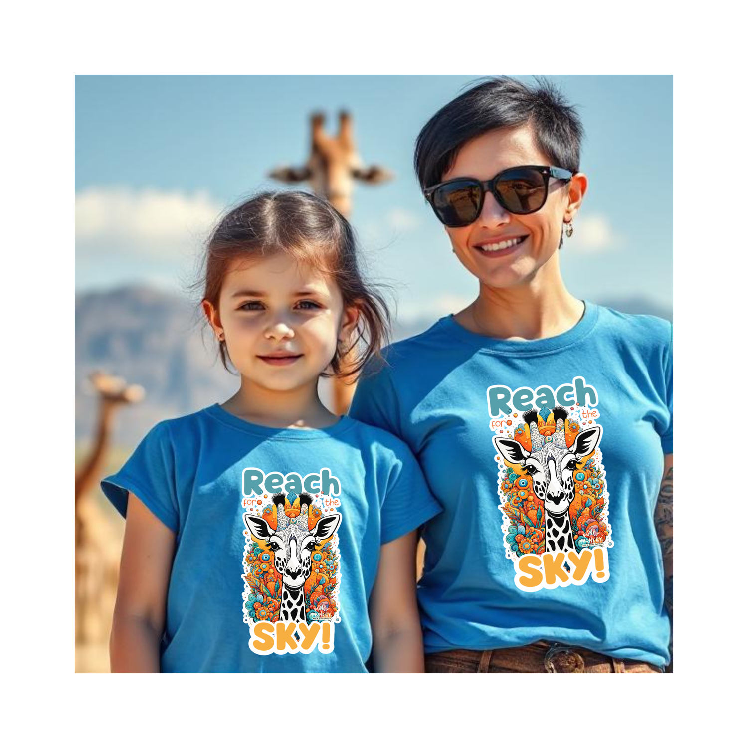 Mini & Me Giraffe Matching Tees Reach for the Sky Front view of Mini & Me matching giraffe T-shirt set with woman and daughter, playful psychedelic print, turquoise.