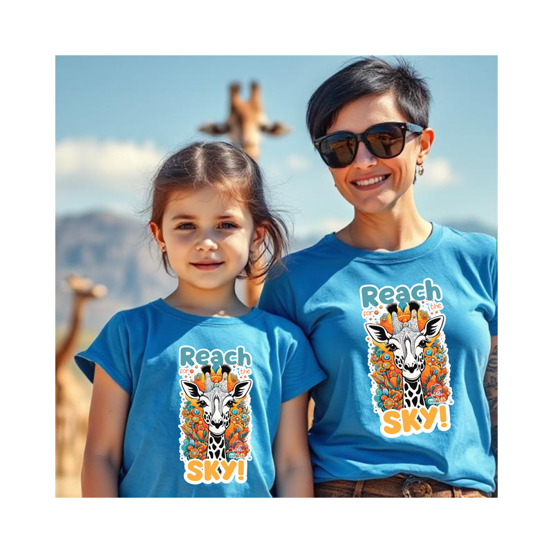 Mini & Me Giraffe Matching Tees Reach for the Sky Front view of Mini & Me matching giraffe T-shirt set with woman and daughter, playful psychedelic print, turquoise.