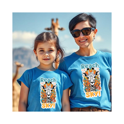 Mini & Me Giraffe Matching Tees Reach for the Sky Front view of Mini & Me matching giraffe T-shirt set with woman and daughter, playful psychedelic print, turquoise.