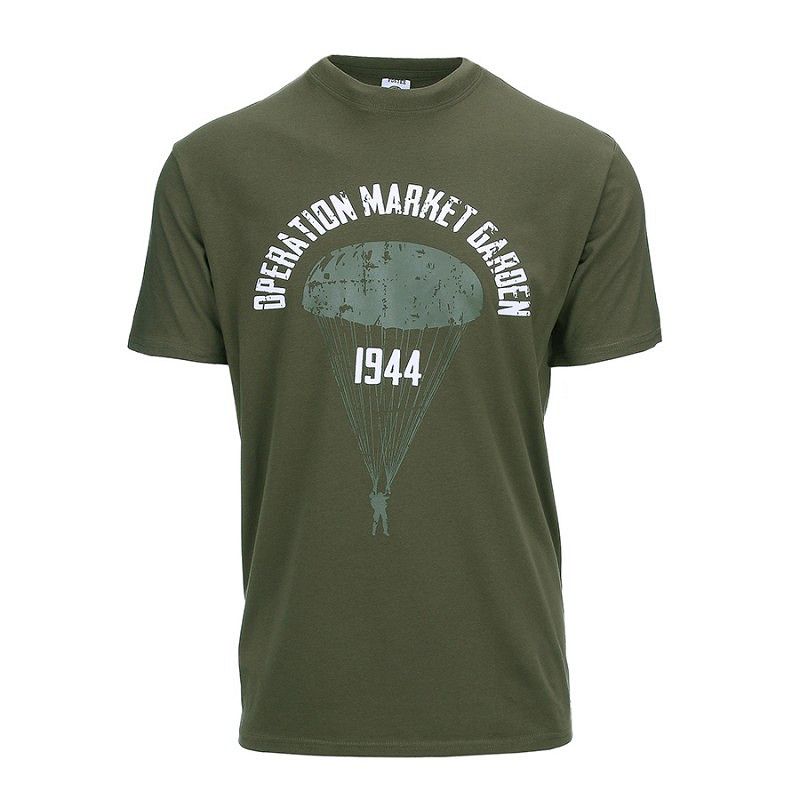 WWII Market Garden T-shirt front view – army green retro military design