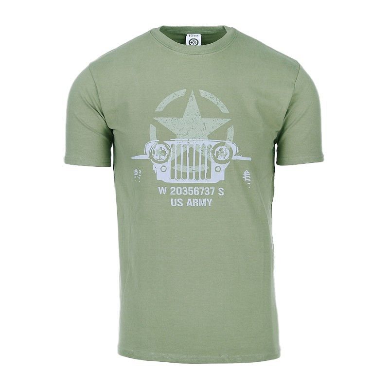 Front view army green WWII Allied Star Willy Jeep T-shirt with U.S. Army jeep print, unisex cotton tee