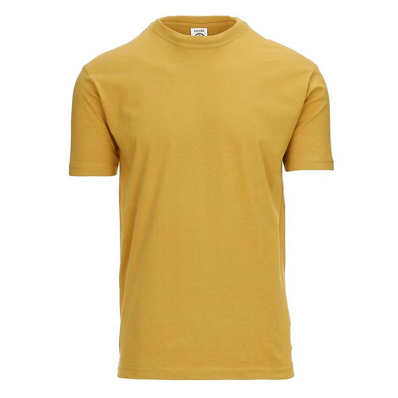 Mustard yellow 100% cotton T-shirt with tapered neck, front view, retro casual style
