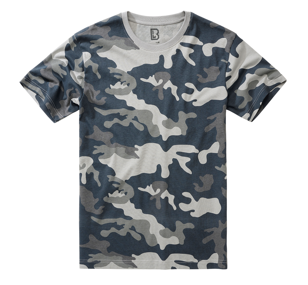 Front view of unisex Brandit camo grey T-shirt, round neck, short sleeves, skin-friendly cotton