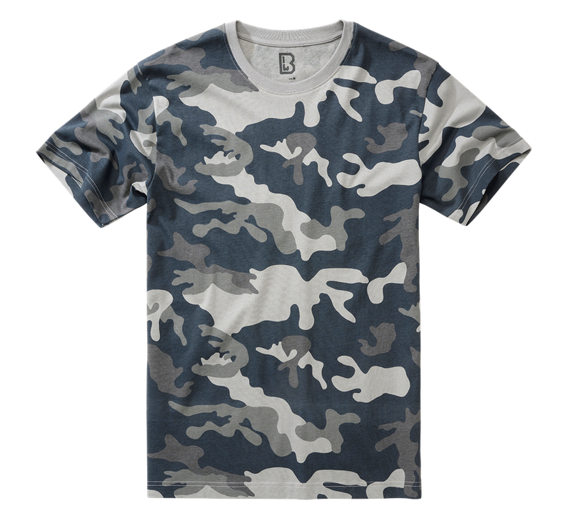 Front view of unisex Brandit camo grey T-shirt, round neck, short sleeves, skin-friendly cotton