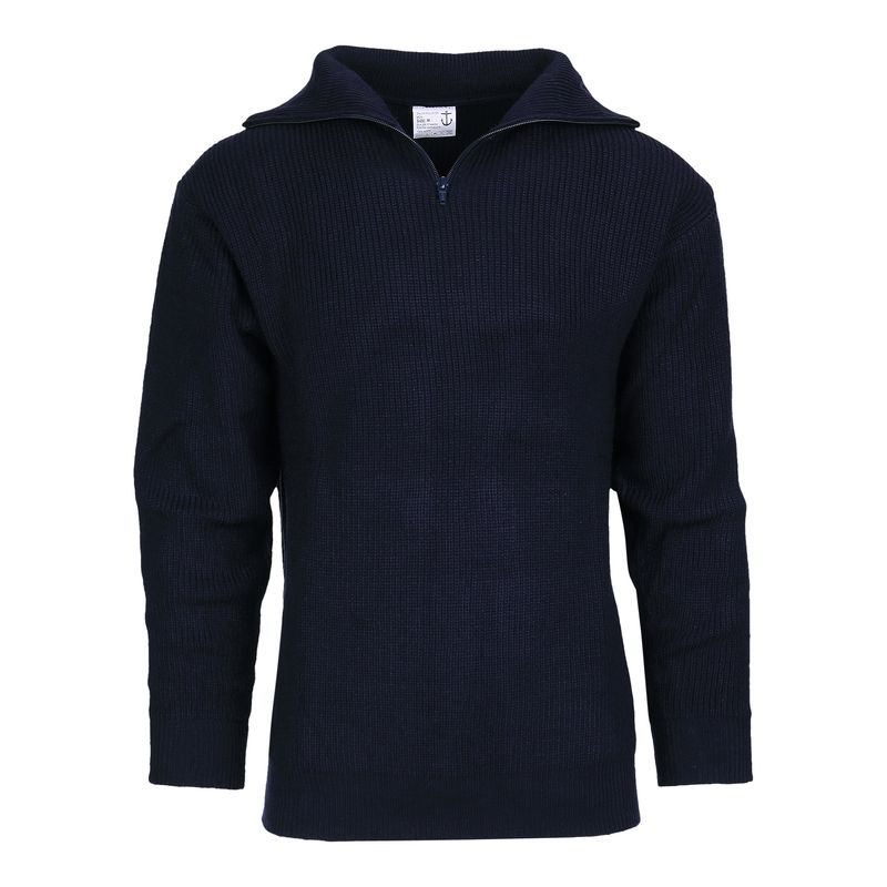 Fostex Sailor Sweater dark blue – front view, high collar with zipper.
