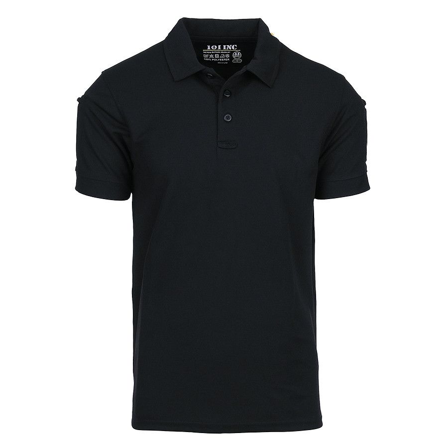 Black tactical polo made of quick-dry polyester with short sleeves, pen pockets and Velcro patch on left sleeve.