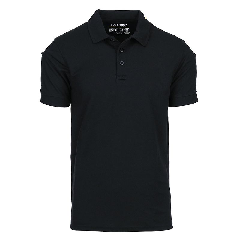 Black tactical polo made of quick-dry polyester with short sleeves, pen pockets and Velcro patch on left sleeve.