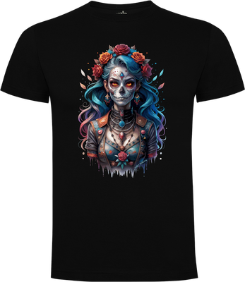 Catrina Skull Unisex T-Shirt Black unisex T-shirt with colorful Catrina skull, floral headband, fiery eyes, and long blue hair