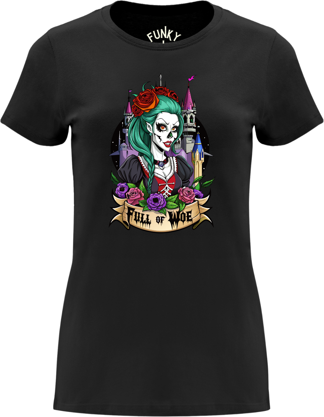 Black women’s T-shirt with Day of the Dead skull, green hair, red rose, castle, Full of Woe banner