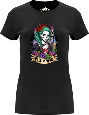 Schwarzes Damen T-Shirt mit Day of the Dead Schädel, grünem Haar, roter Rose, Schloss, Full of Woe Banner