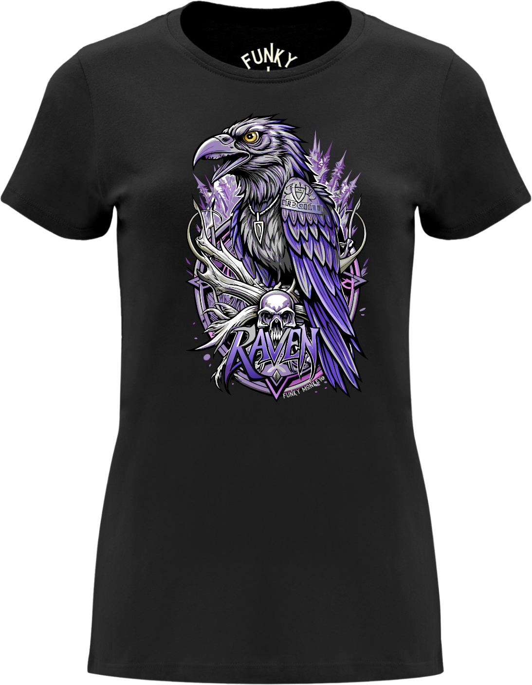 Raven Gothic Style Women’s T-Shirt Front view of black women’s T-shirt with purple-black raven, skull, and silver gothic accents.