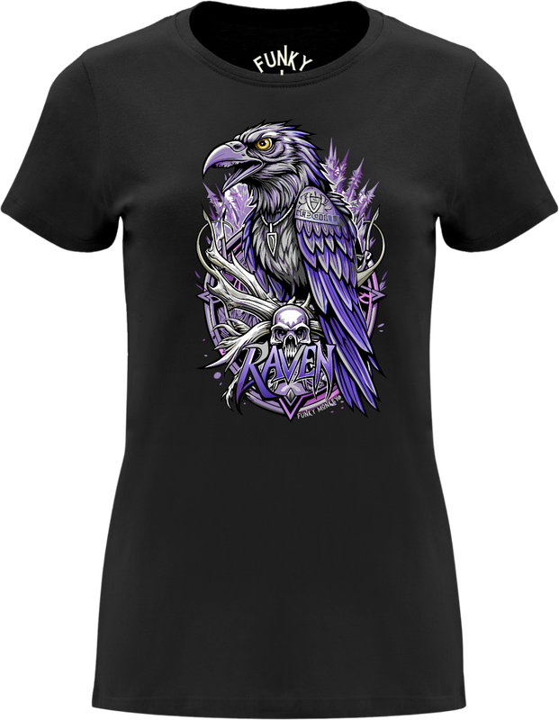 Front view of black women’s T-shirt with purple-black raven, skull, and silver gothic accents.
