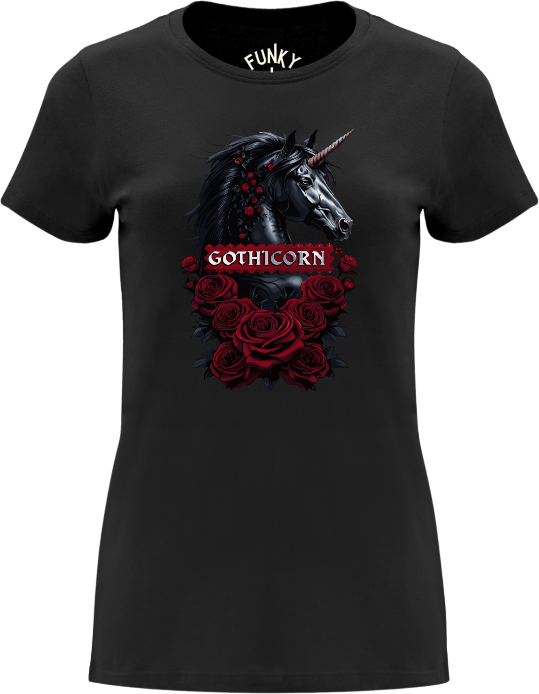Gothicorn Gothic Unicorn Black Women’s T-Shirt Black women’s T-shirt with Gothicorn black unicorn, red roses, Gothicorn text, front view