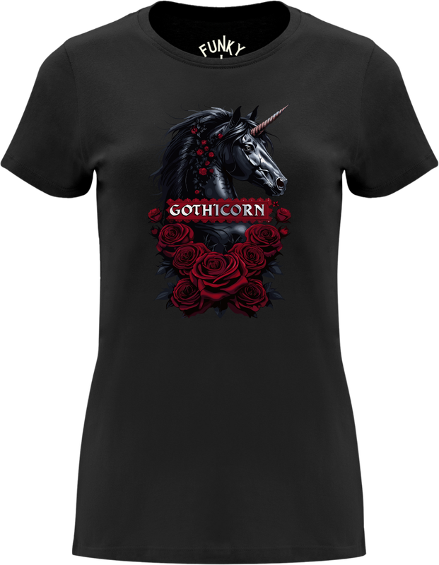 Black women’s T-shirt with Gothicorn black unicorn, red roses, Gothicorn text, front view