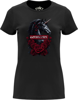 Gothicorn Gothic Unicorn Black Women’s T-Shirt Black women’s T-shirt with Gothicorn black unicorn, red roses, Gothicorn text, front view