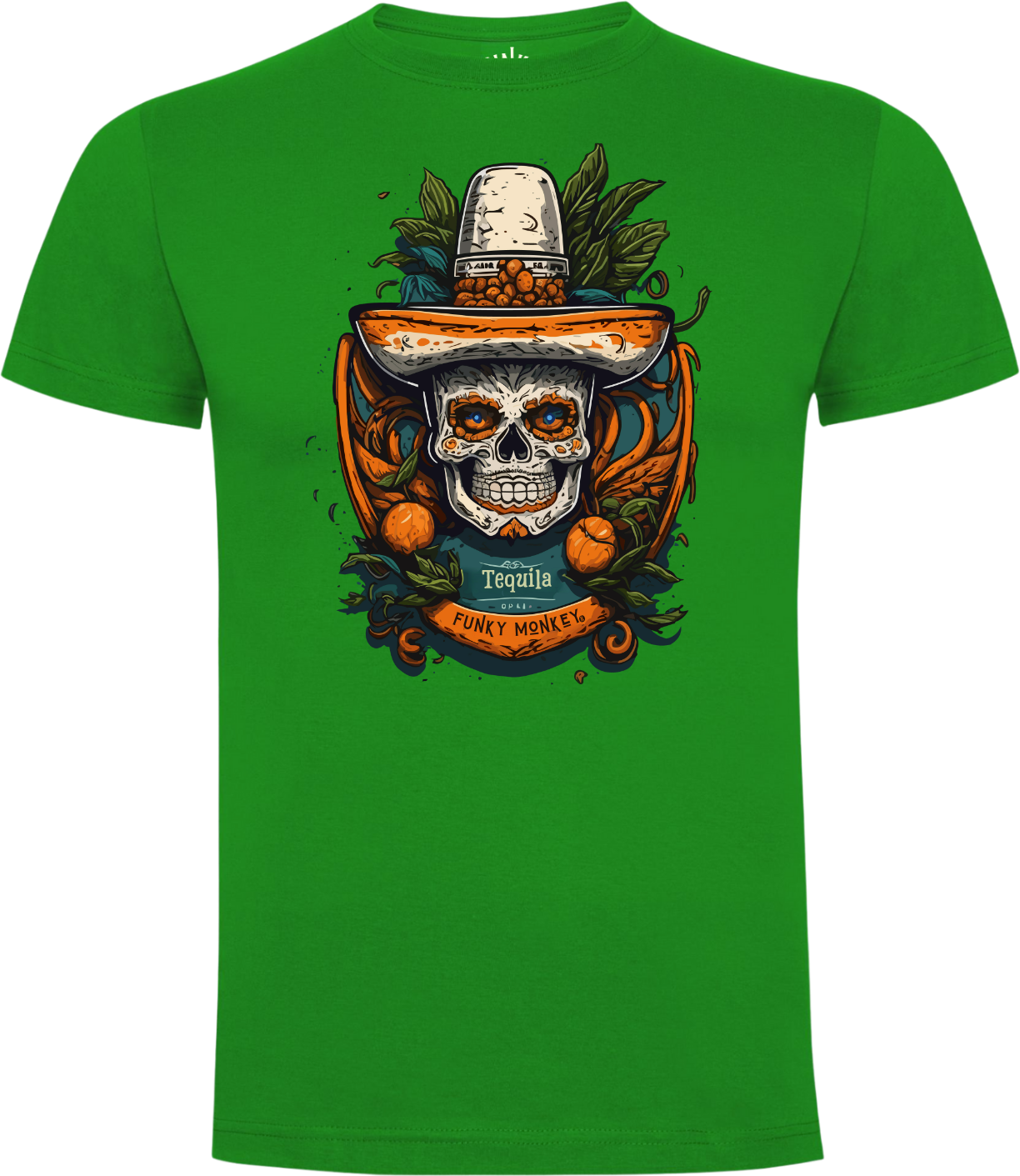  Rainforest green unisex T-shirt with Day of the Dead skull, sombrero, Tequila text, front view
