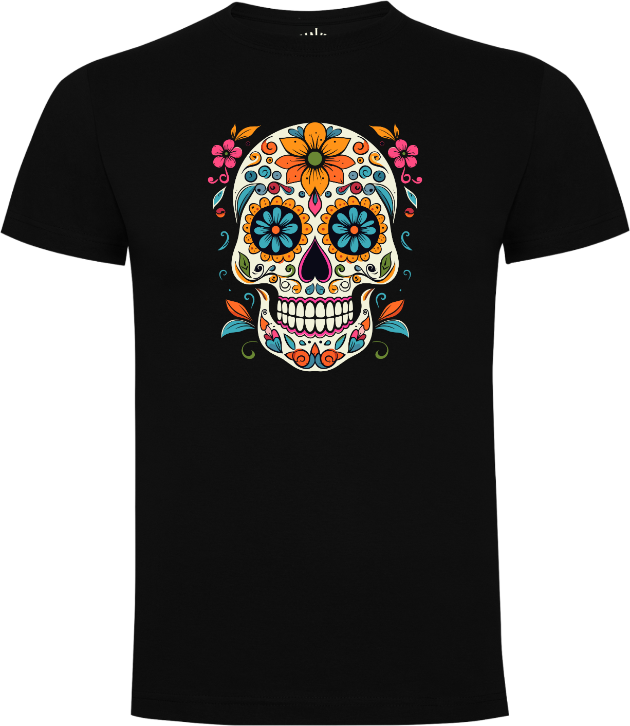 Black unisex T-shirt with classic Sugar Skull print, colorful flower eyes, front view
