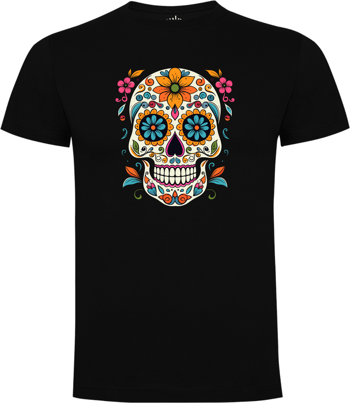 Black unisex T-shirt with classic Sugar Skull print, colorful flower eyes, front view
