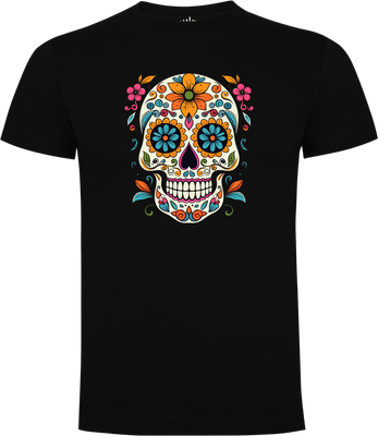 Classic Sugar Skull Unisex T-Shirt Black unisex T-shirt with classic Sugar Skull print, colorful flower eyes, front view