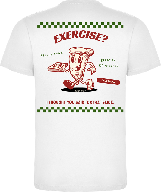 Achterkant wit unisex T-shirt met retro pizza slice print, snarky tekst Exersize, retro rood-witte balken