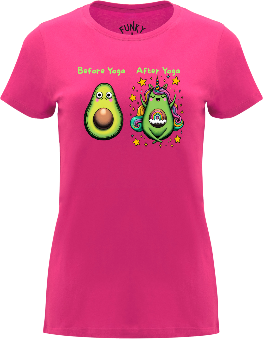 Before & After Yoga Avocados – Women’s T-Shirt Front view Wild Fuchsia T-shirt with Before & After Yoga Avocados print