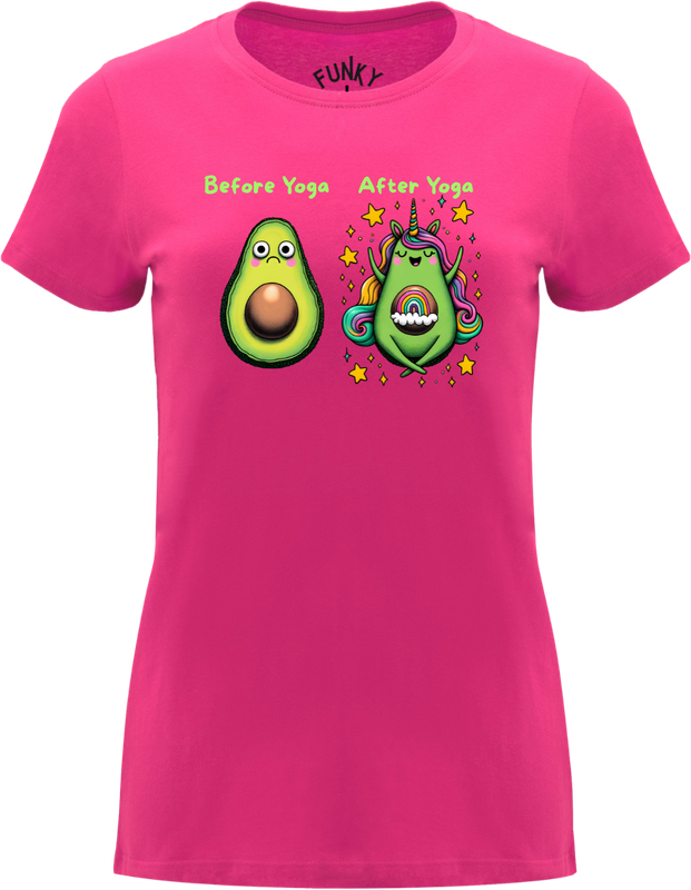 Front view Wild Fuchsia T-shirt with Before &amp; After Yoga Avocados print