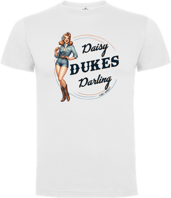 Daisy Dukes Darling Unisex T-shirt Daisy Dukes Darling unisex T-shirt front with playful pin-up in cowboy boots, white