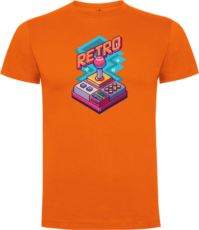 Retro Pixelart Joystick Unisex T-shirt front in Vintage Orange