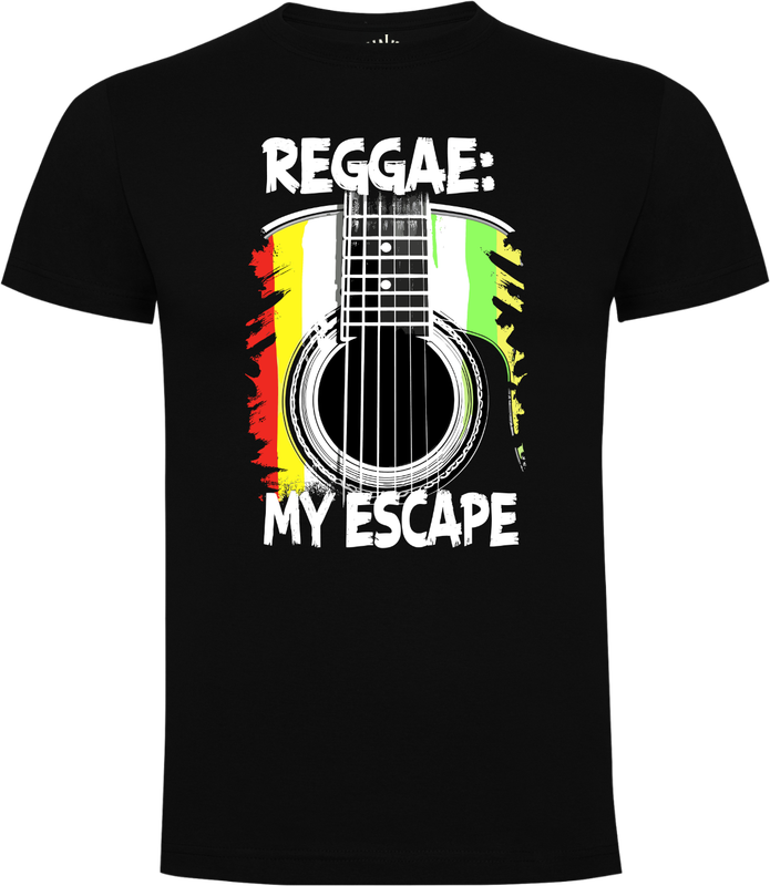 Front view of Reggae My Escape T-shirt – close-up guitar print with reggae colors on black unisex tee.