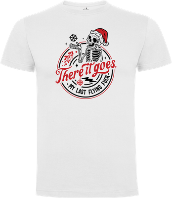 Vorderseite weißes Snarky Christmas Skeleton T-Shirt mit Text „There it goes, my last flying fuck“ und Skelett