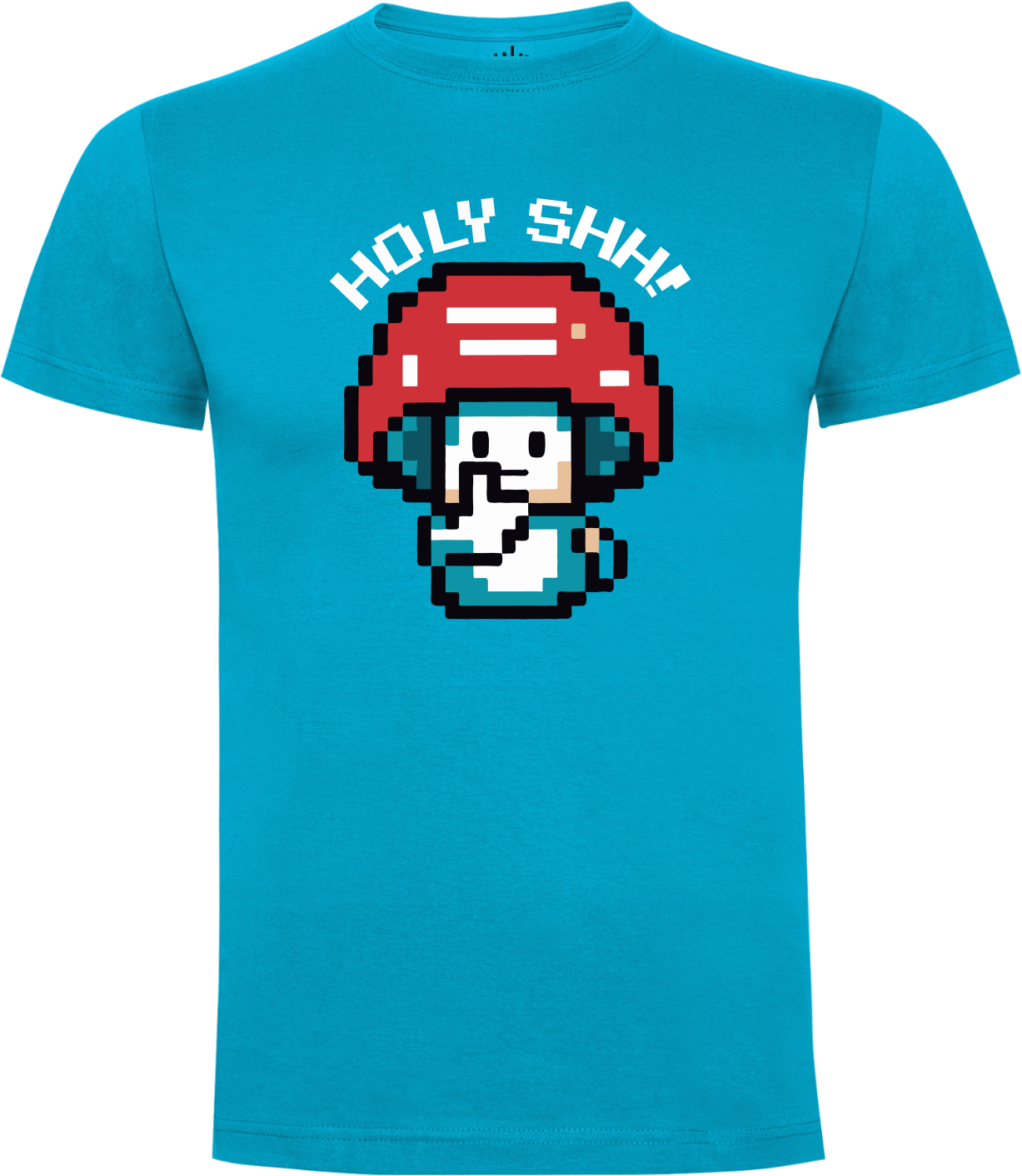Front Holy Shhh Mushroom T-shirt pixel mushroom finger to lips text Holy Shhh unisex Tiki Turquoise tee