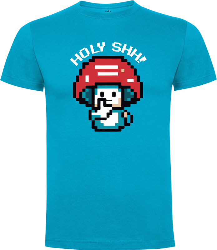 Front Holy Shhh Mushroom T-shirt pixel mushroom finger to lips text Holy Shhh unisex Tiki Turquoise tee