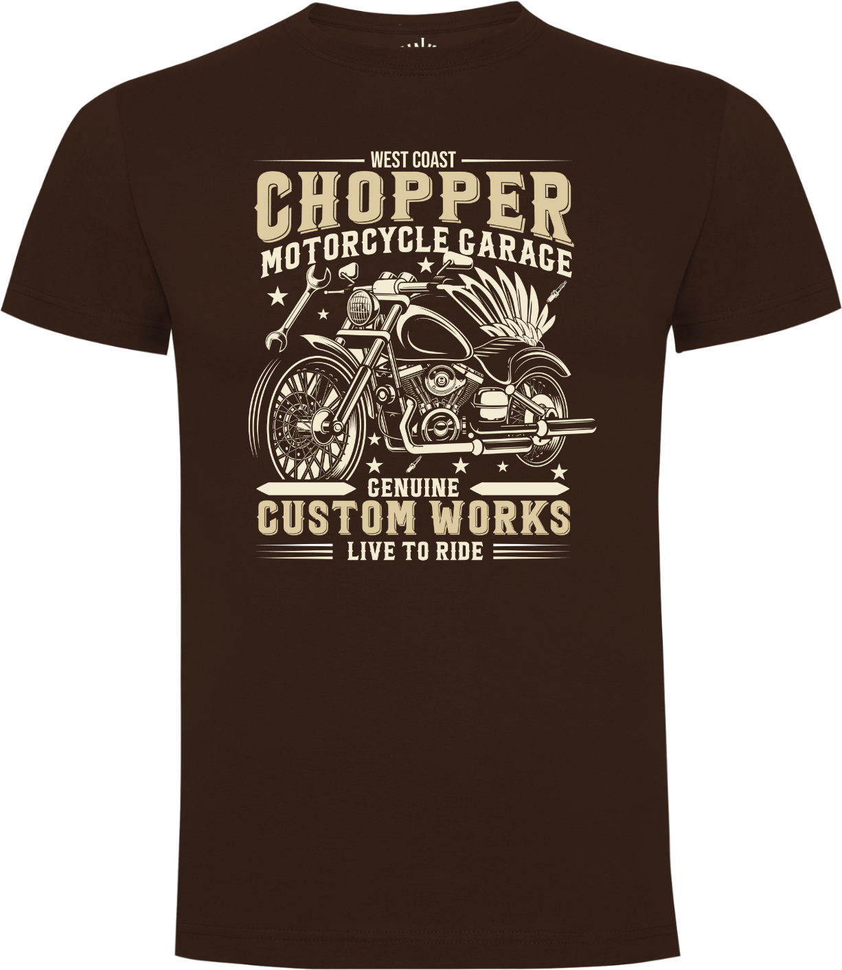 Front view unisex Chopper Motorcycle Garage T-shirt Vintage Cocoa motorcycle print Genuine Custom Works
