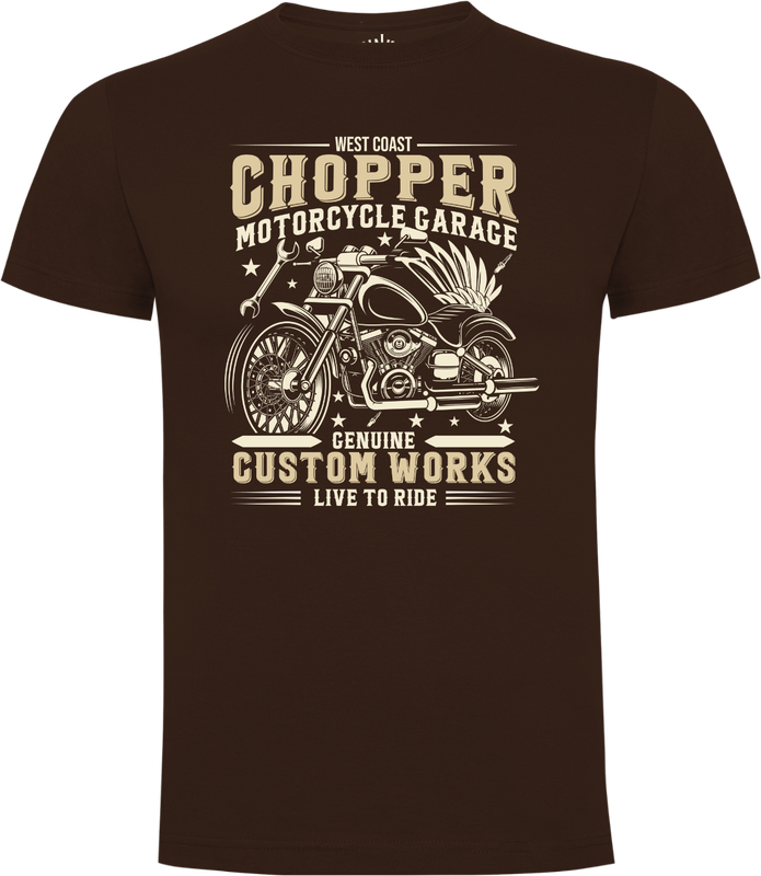 Front view unisex Chopper Motorcycle Garage T-shirt Vintage Cocoa motorcycle print Genuine Custom Works