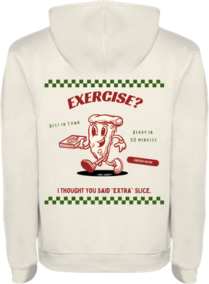 Vista trasera sudadera unisex vintage blanca con impresión completa de pizza retro texto Exercize I thought you said Extra Sl