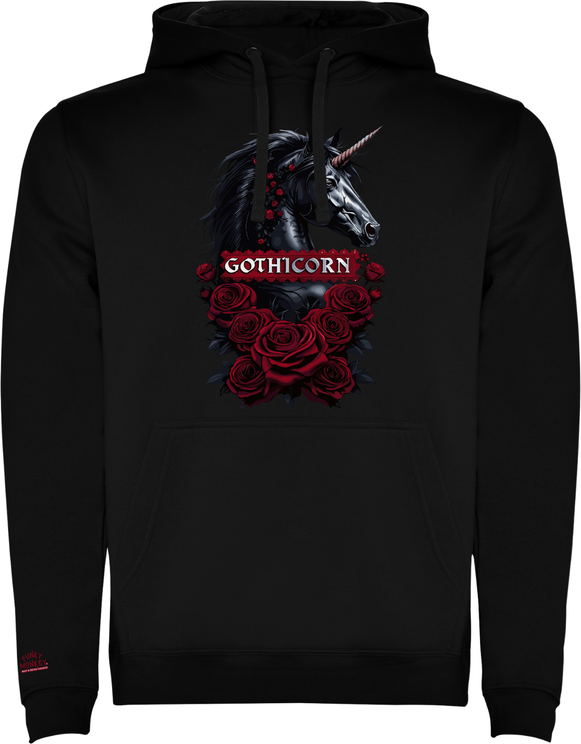 Front view of Gothicorn hoodie unisex black gothic unicorn with red roses and Funky Monkey logo on sleeve