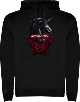 Gothicorn Gothic Unicorn Lined Hoodie Front view of Gothicorn hoodie unisex black gothic unicorn with red roses and Funky Monkey logo on sleeve