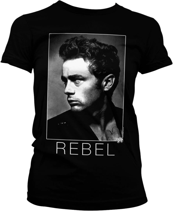 Front view of black women’s T-shirt with James Dean image and Rebel text – FUNKY MONKEY® 