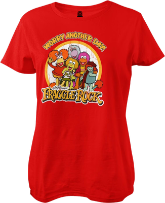 Vorderansicht des roten Damen-T-Shirts mit Fraggle Rock Figuren und dem Text Worry Another Day Retro design FUNKY MONKEY®