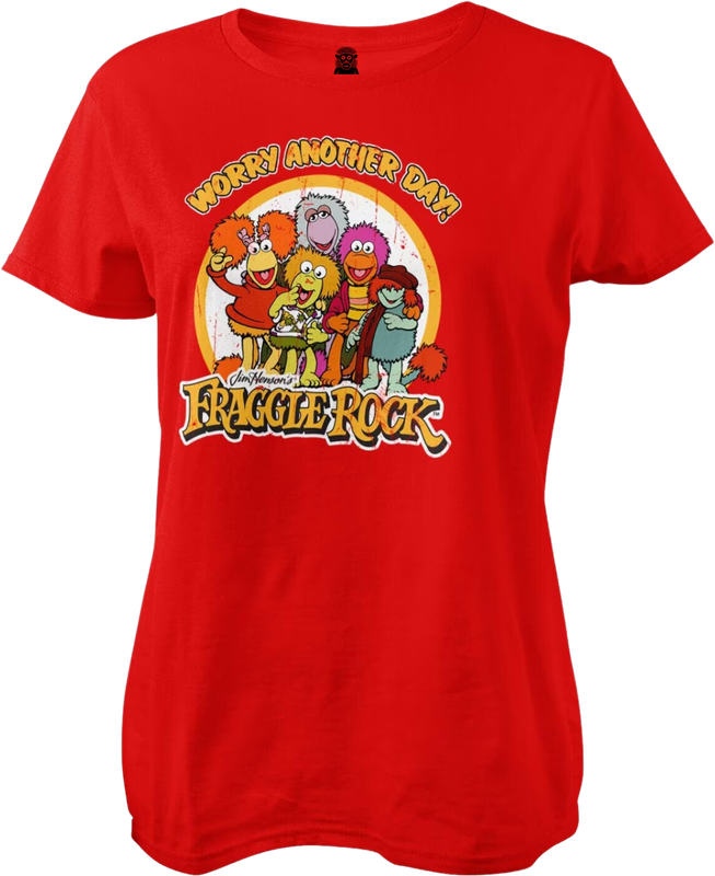 Front view of red women’s T-shirt with Fraggle Rock characters and text Worry Another Day – FUNKY MONKEY® retro design