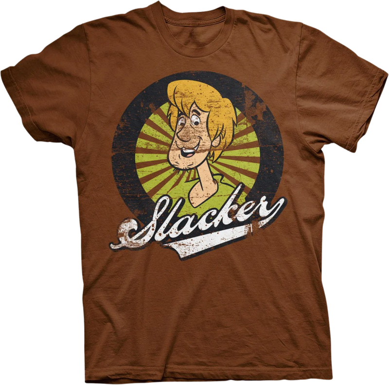 Unisex chocolate brown t-shirt with retro Shaggy Scooby-Doo graphic, sun stripes and Slacker text FUNKY MONKEY®