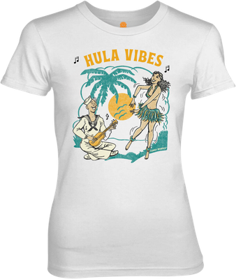 Front view of white women’s T-shirt with Hawaii dancing girl and lovestruck sailor print – FUNKY MONKEY® Original